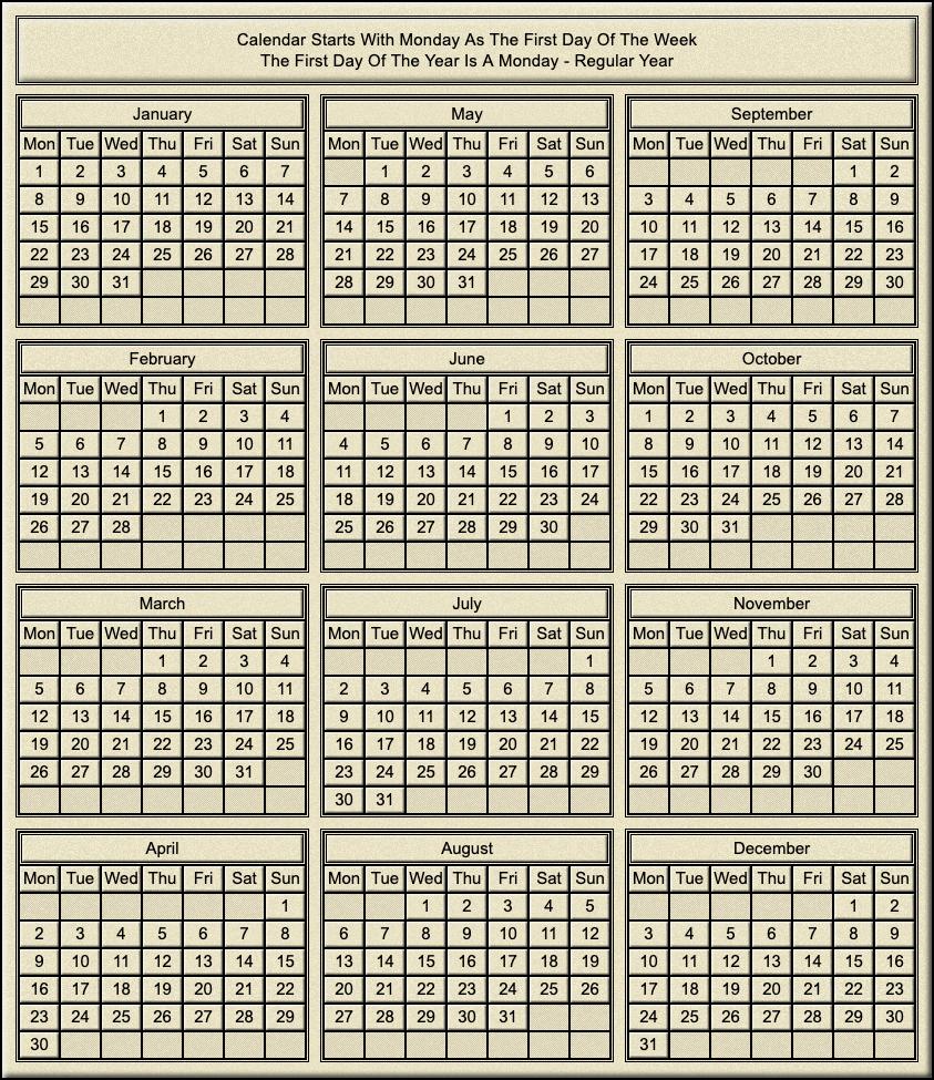 Calendar Year Of Monday