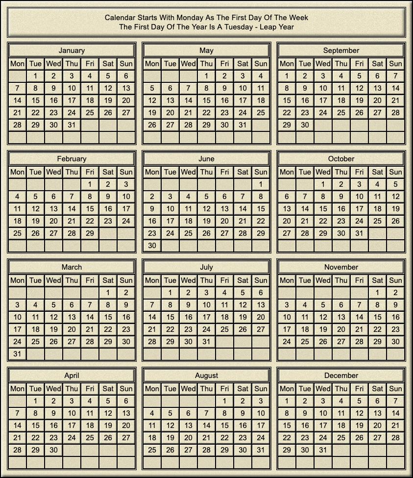 Calendar Year Of Tuesday Leap Year Calendar Year Of Tuesday Leap Year