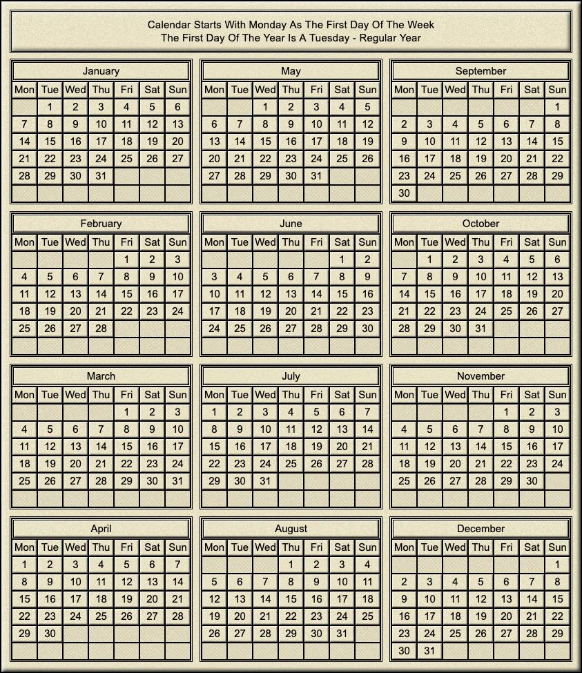 Calendar Year Of Tuesday