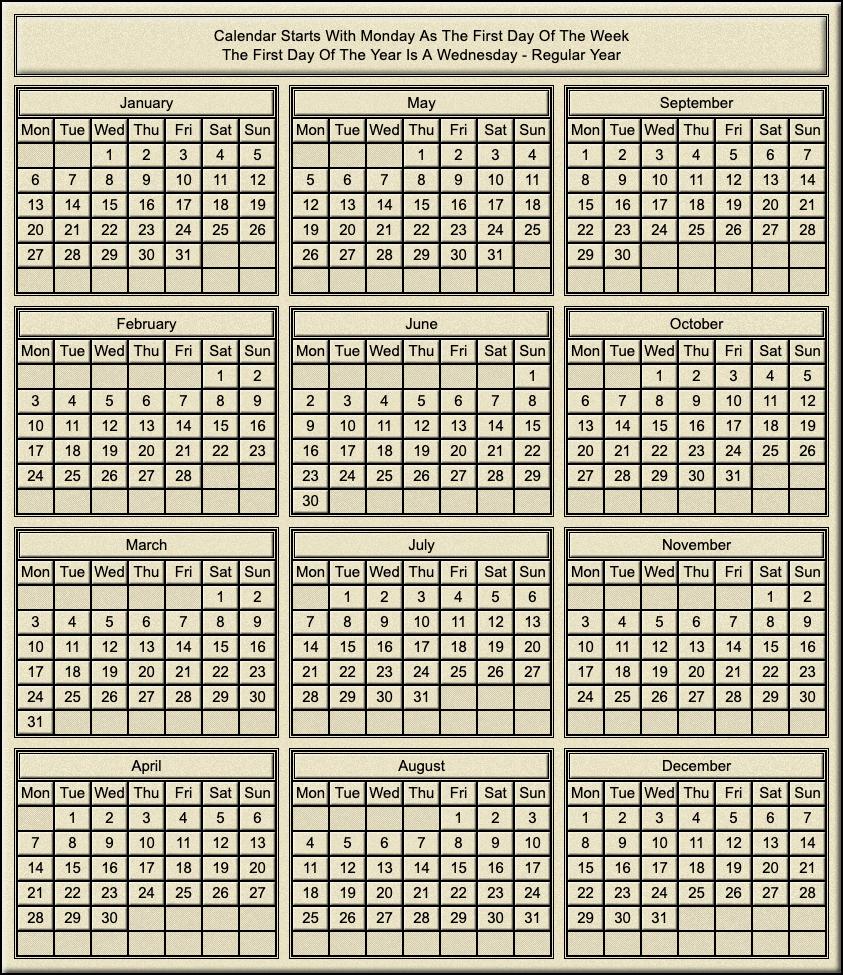 Calendar Year Of Wednesday