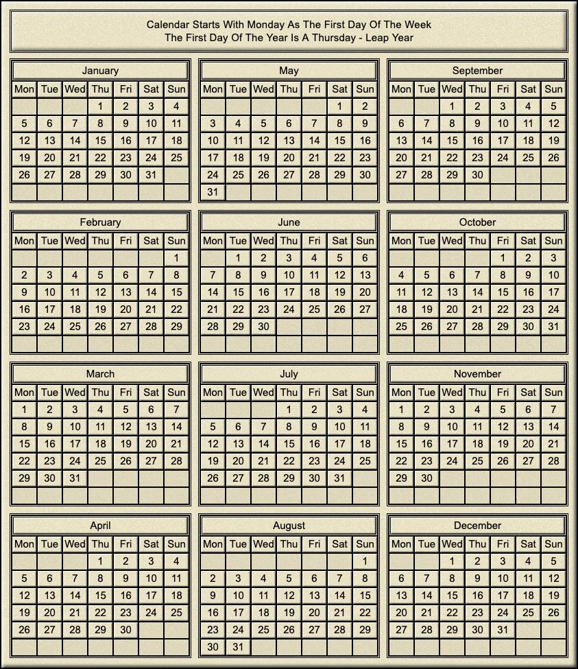 Calendar Year Of Thursday Leap Year Calendar Year Of Thursday Leap Year