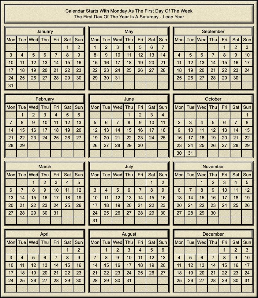 Calendar Year Of Saturday Leap Year Calendar Year Of Saturday Leap Year