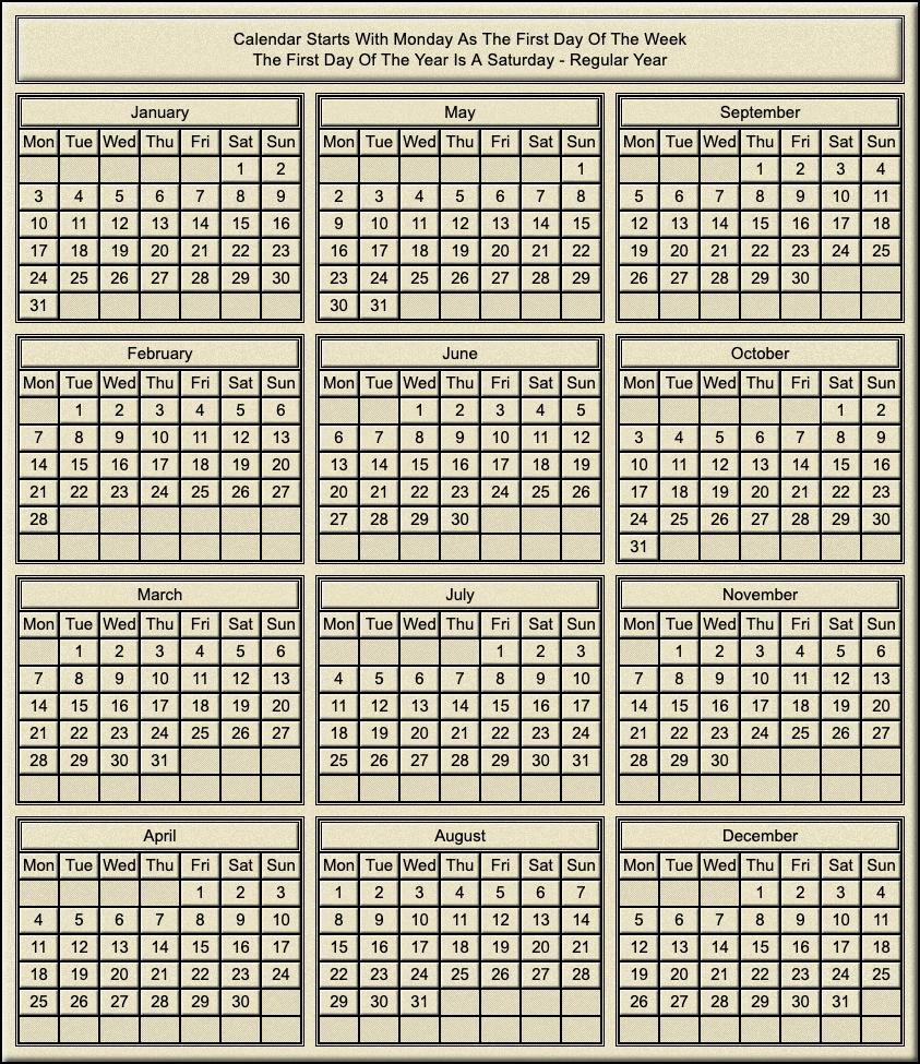 Calendar Year Of Saturday