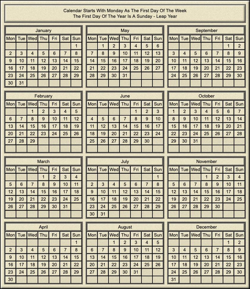 Calendar Year Of Sunday Leap Year Calendar Year Of Sunday Leap Year