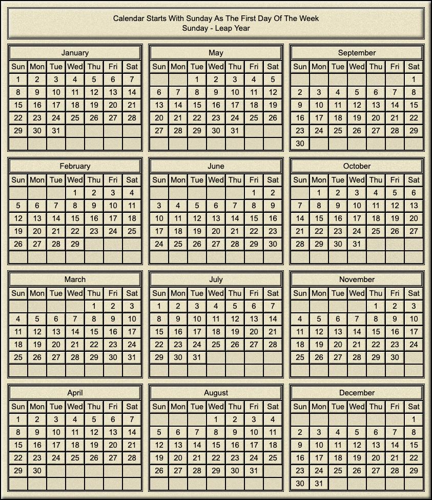 Calendar Year Of Sunday Leap Year Calendar Year Of Sunday Leap Year