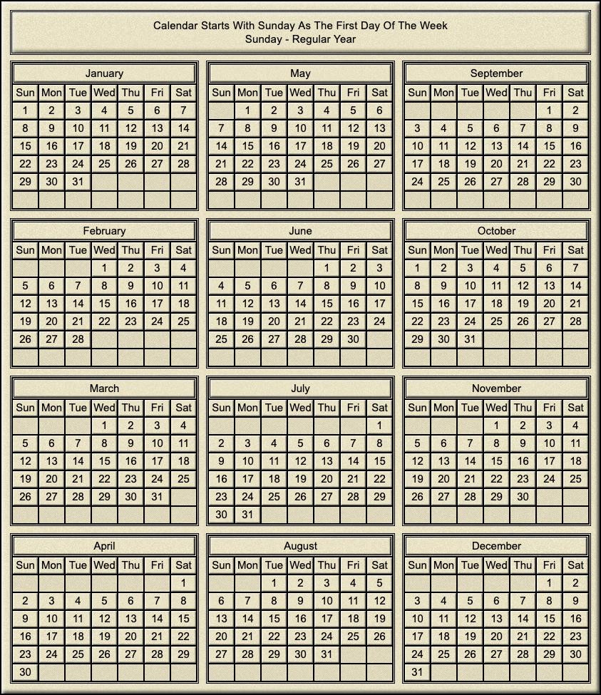 Calendar Year Of Sunday