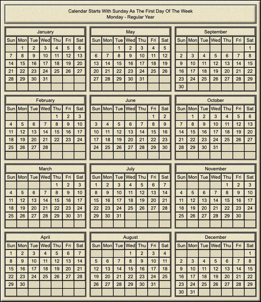 Calendar Year Of Monday