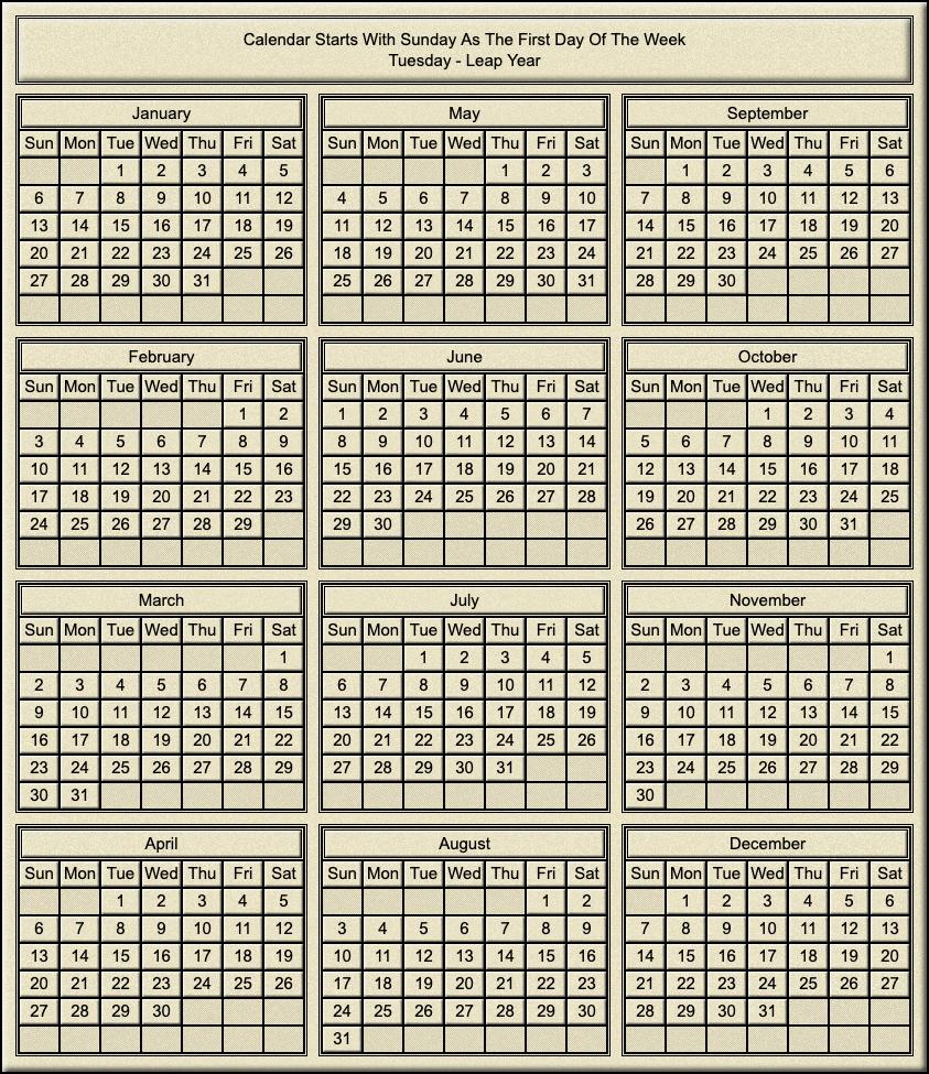Calendar Year Of Tuesday Leap Year Calendar Year Of Tuesday Leap Year