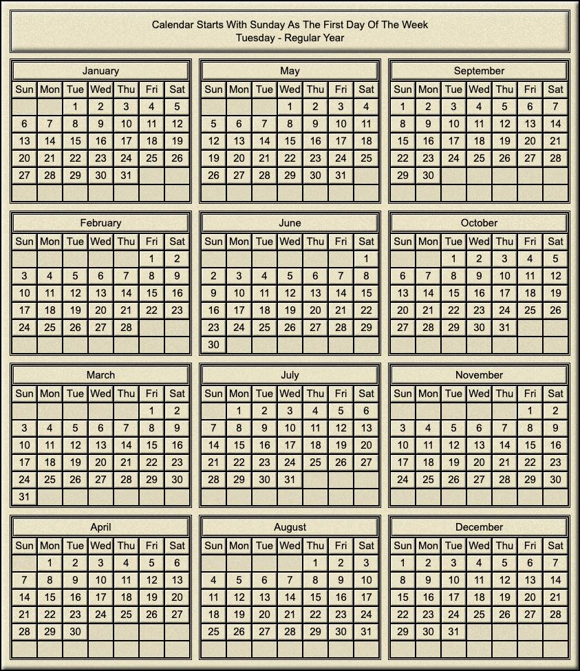 Calendar Year Of Tuesday