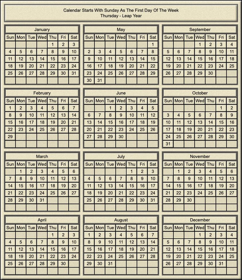 Calendar Year Of Thursday Leap Year Calendar Year Of Thursday Leap Year