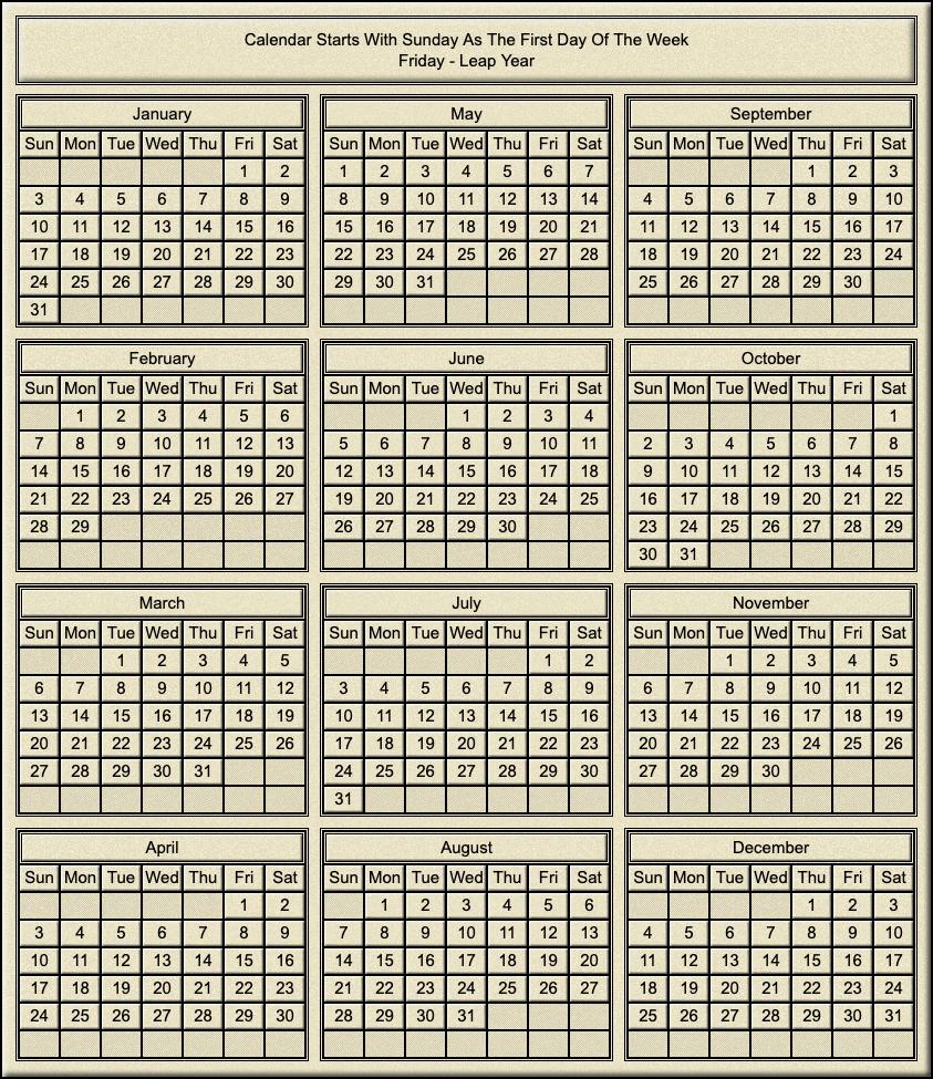 Calendar Year Of Friday Leap Year Calendar Year Of Friday Leap Year
