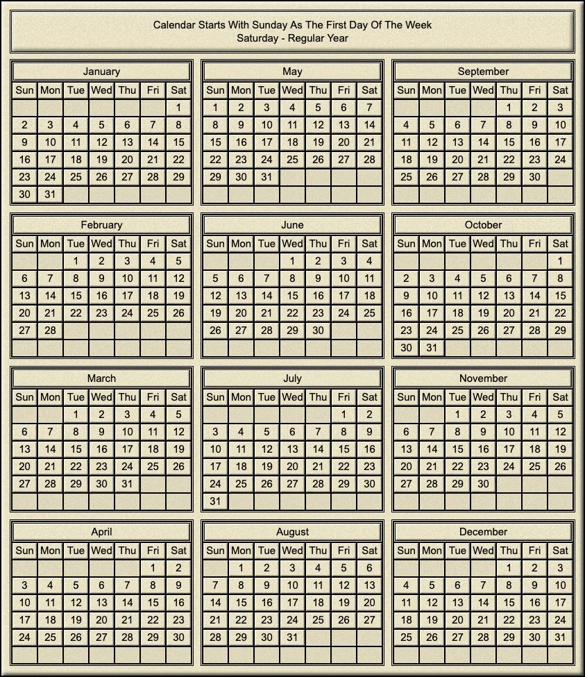 Calendar Year Of Saturday