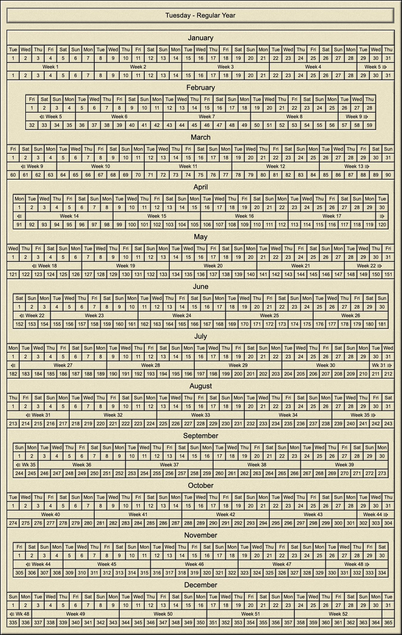 Calendar Year With Week Numbers And Day Numbers - Tuesday