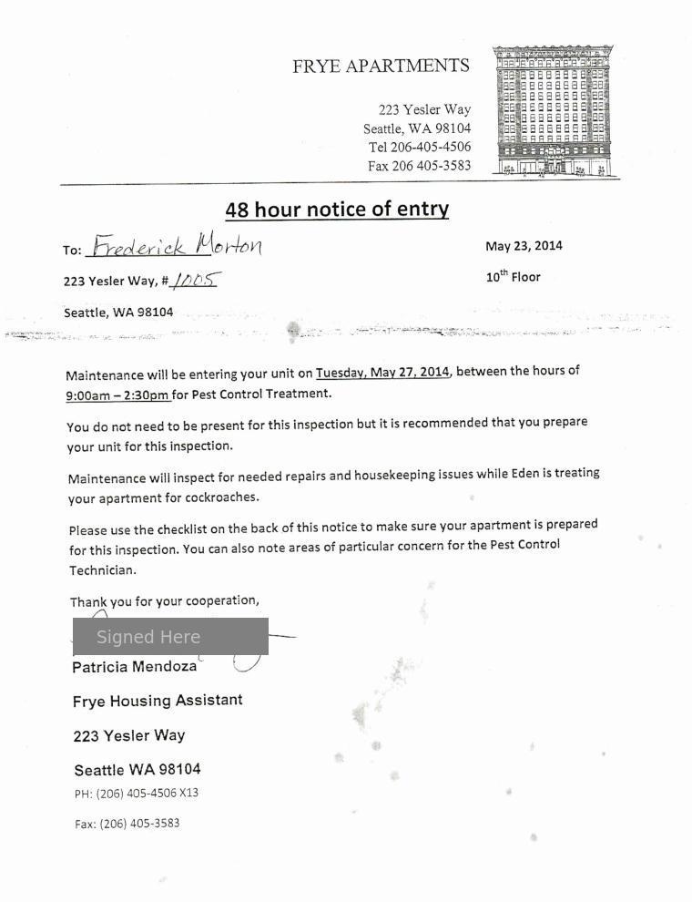 Notice Of Entry / Inspection - Eden Pest Control Page 1
