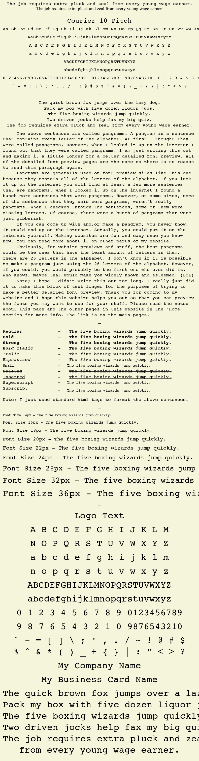 Detailed Picture Preview of The Font - Courier 10 Pitch