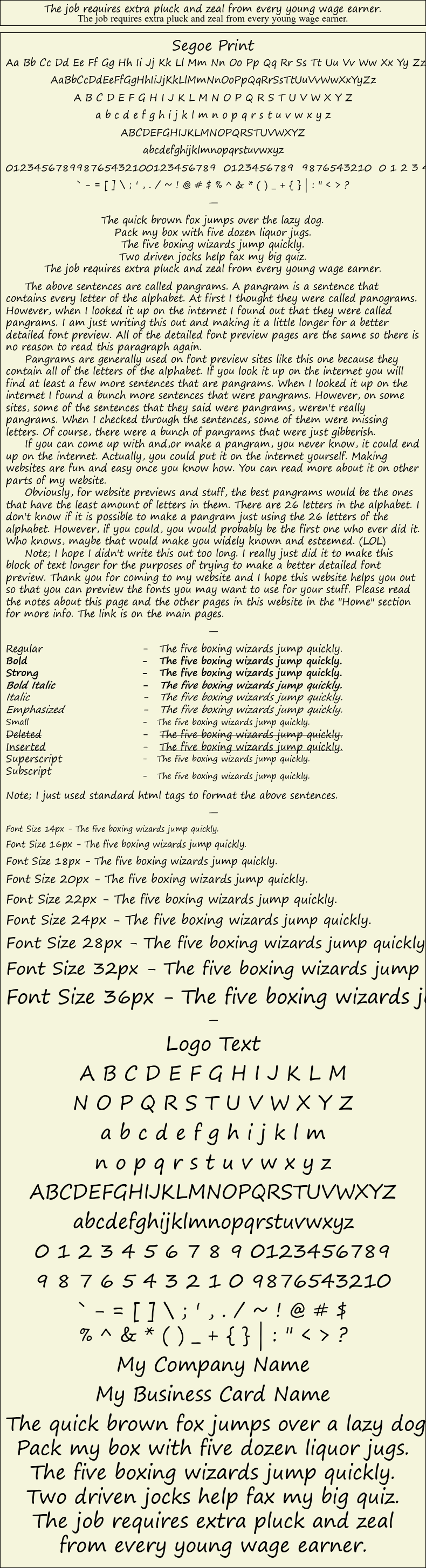Detailed Picture Preview of The Font - Segoe Print