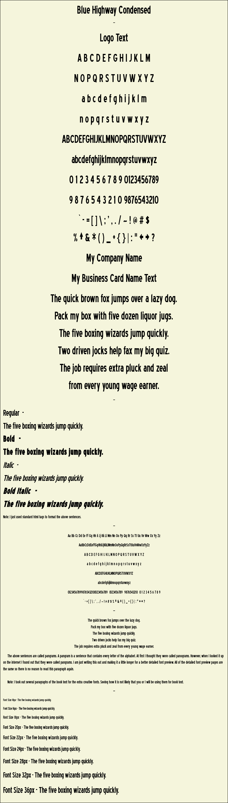 Detailed Picture Preview of The Font - Blue Highway Condensed