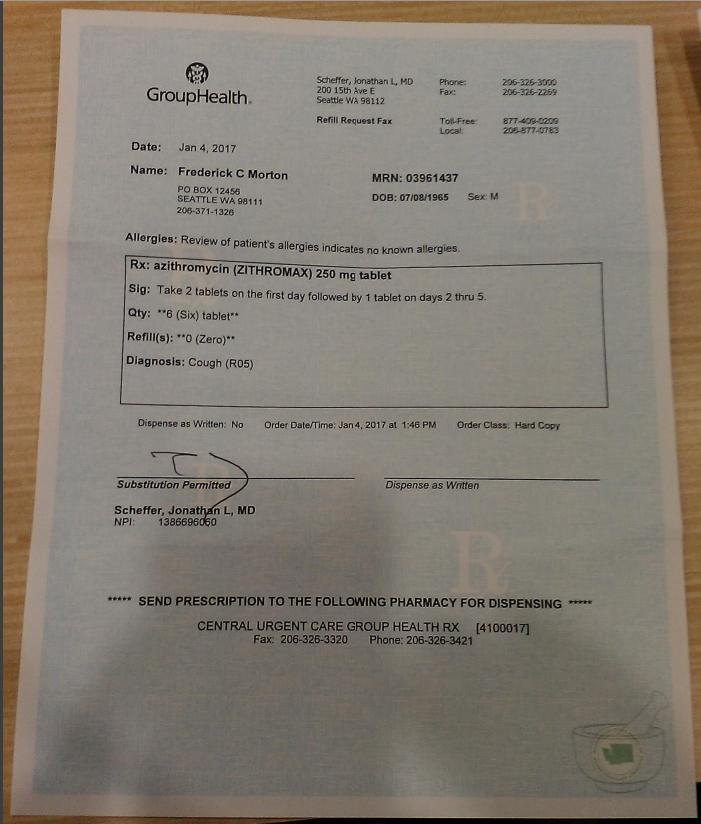 Prescription Picture From MD Jonathan L. Scheffer for azithromycin Prescription Picture of azithromycin